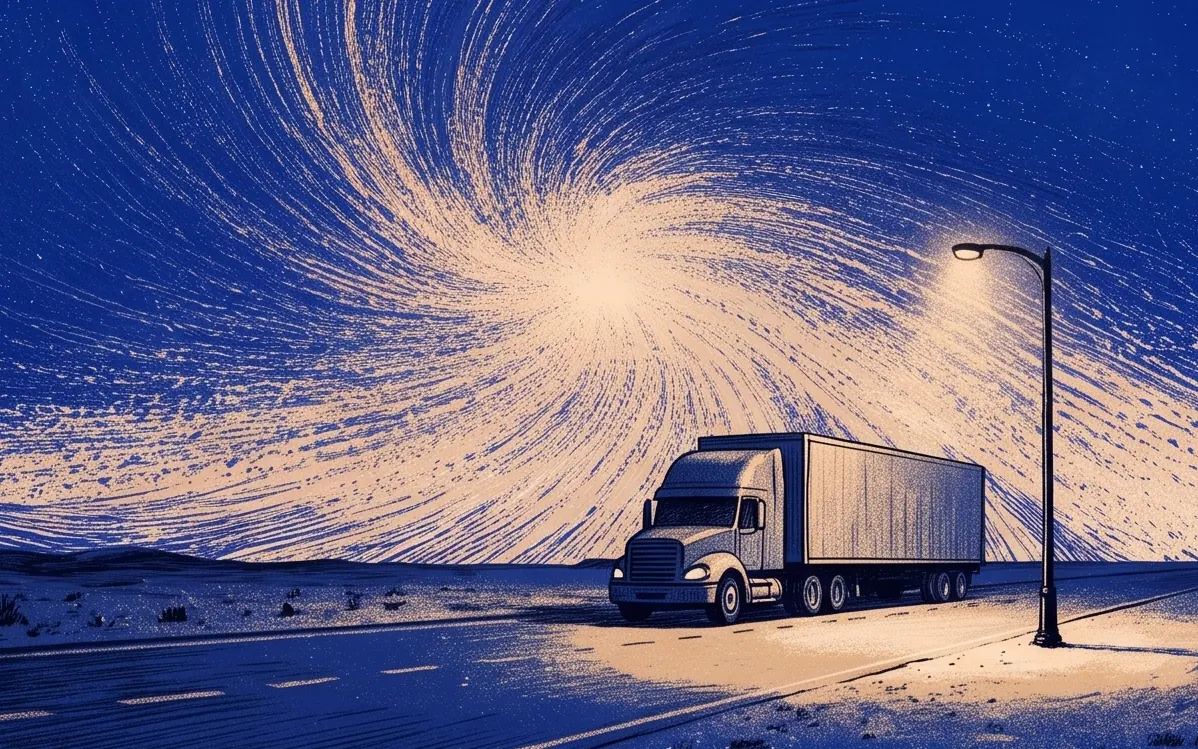 Painting of a freight truck parked beside a street lamp on a desert road at night