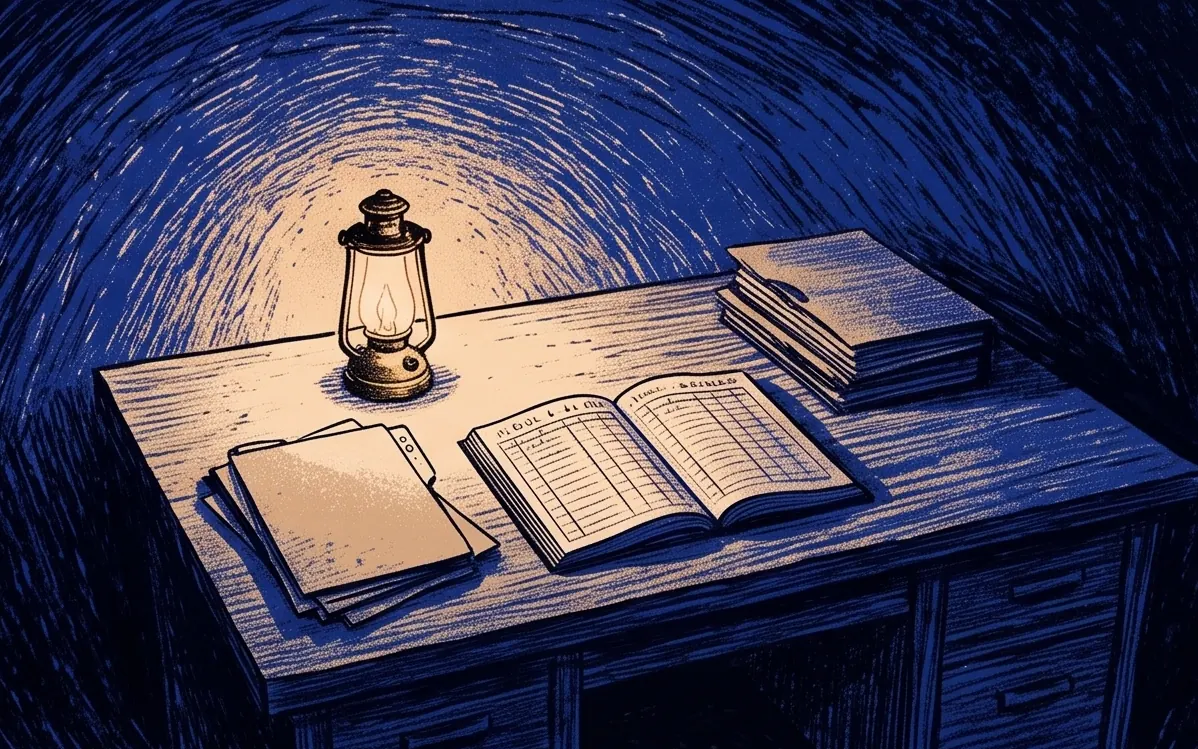 Painting of a desk at night with an open ledger, folders and a small brass lantern
