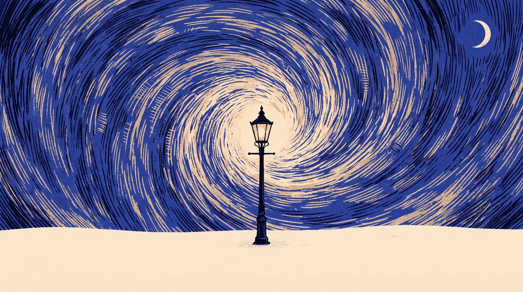 Painting of a single lamp post glowing at the centre of a swirling cobalt and sand night sky