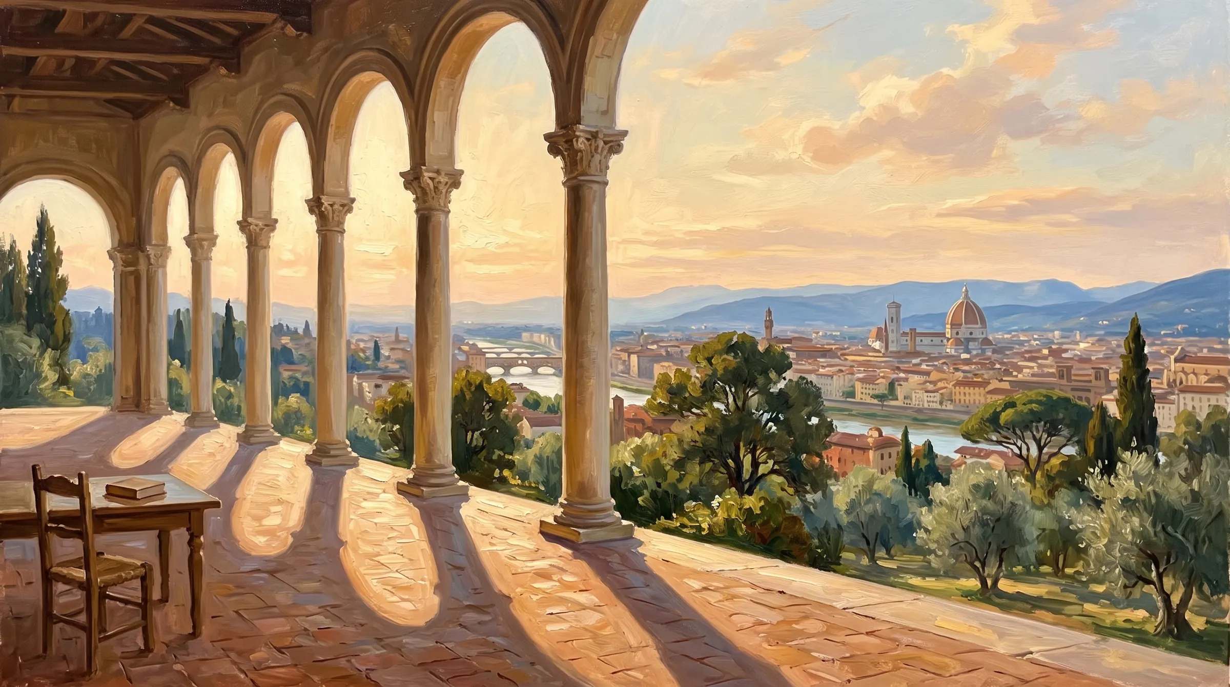 Oil painting of a long stone arcade at golden hour, long arch shadows on a terracotta floor, a city with a cathedral dome across the river valley.