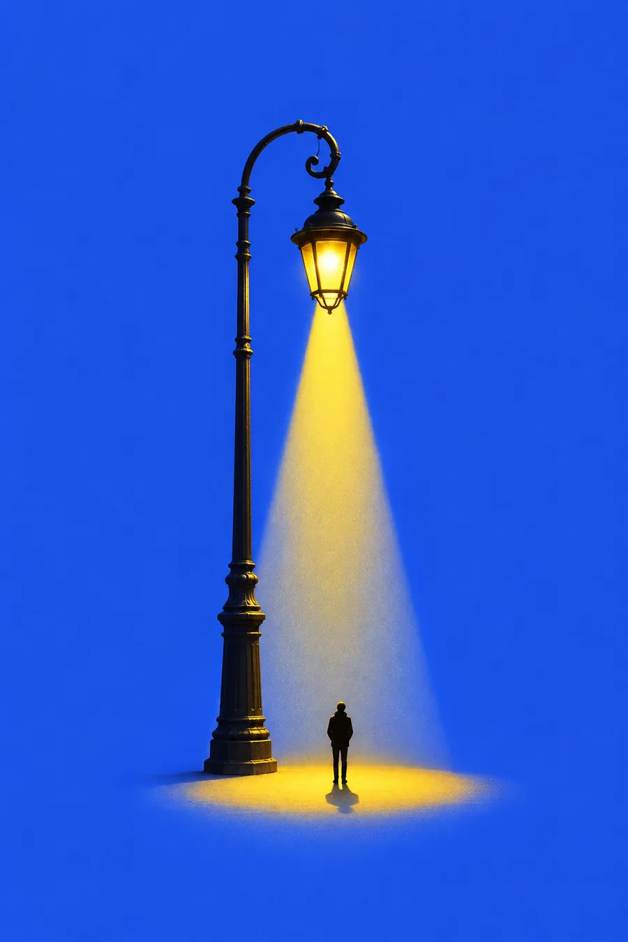 A street lamp casting a cone of yellow light against a flat blue sky