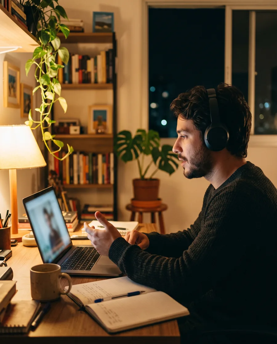 Student with headphones in a video class at night