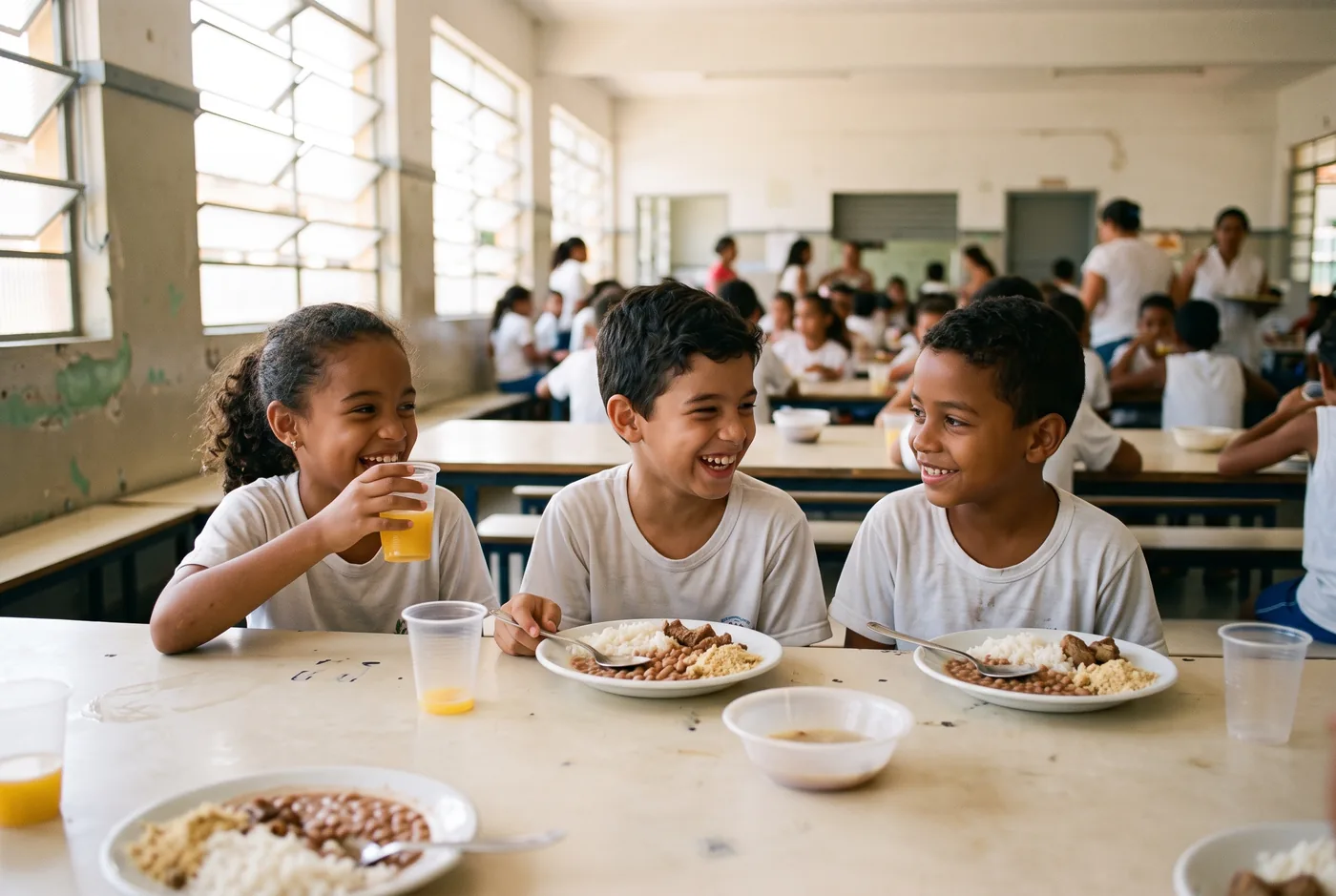 Kids laughing in the cafeteria, one of them drinking orange juice