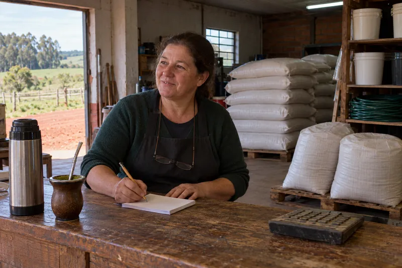 Neuza writing down an order at the wooden counter, with a chimarrão gourd, a thermos and stacked feed sacks behind her.