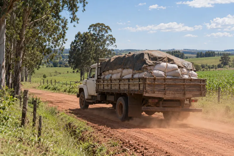 A flatbed truck with wooden rails, loaded with sacks under a tarp, on a red dirt road between pasture and crop fields, leaving a cloud of dust.