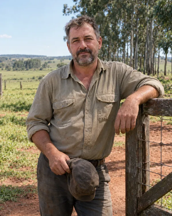 Portrait of Altair Fontoura, agricultural technician, cap in hand, at a wire gate with pasture behind him.