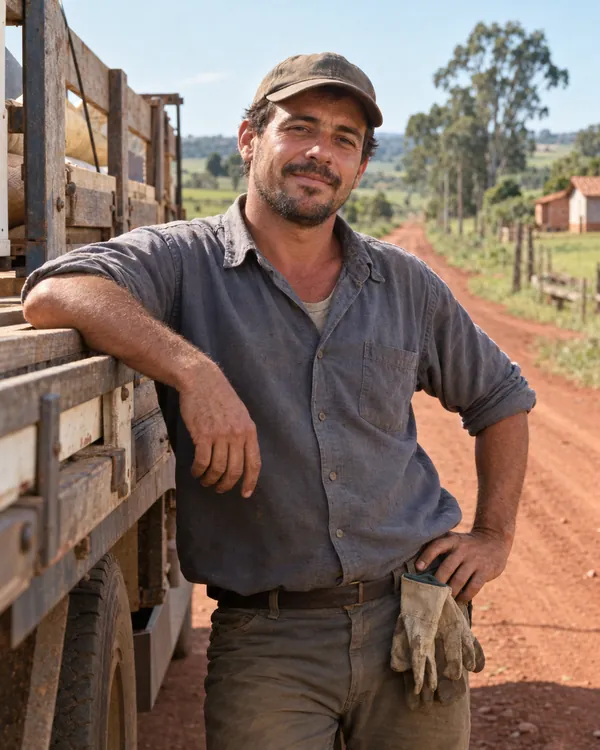 Portrait of Cléber Brites, delivery driver, leaning on the flatbed truck with wooden rails, in a cap with work gloves in his belt.