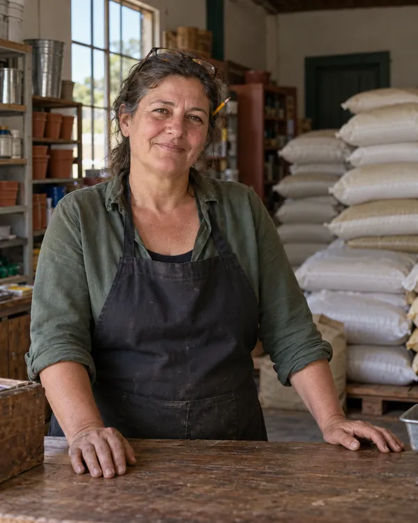 Portrait of Neuza Antunes behind the store counter, in an apron, with a pencil behind her ear and stacked sacks in the background.