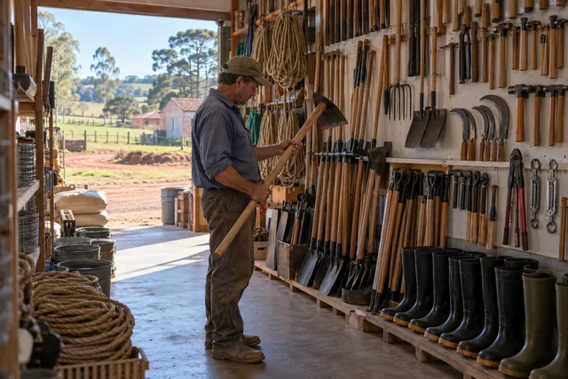 Hand tool aisle, with hoes, shovels, sickles and rubber boots, and a customer weighing a hoe in his hands.