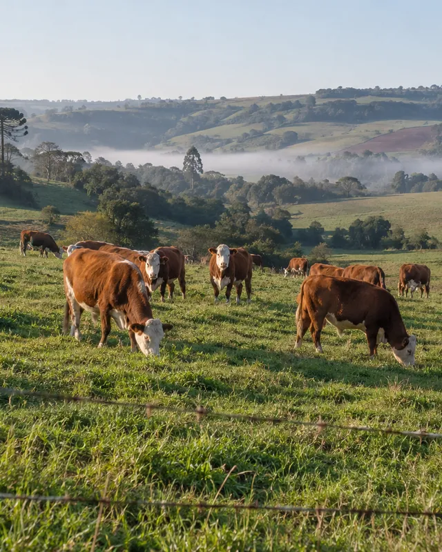 Beef cattle grazing on a green hill, with a wire fence and wooden posts in the foreground.