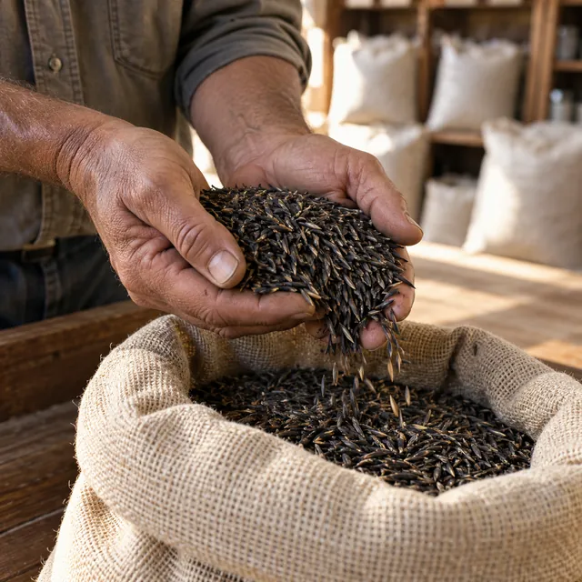 Hands scooping black oat seed from an open sack.