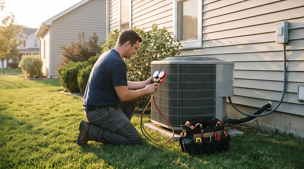 An HVAC technician kneels beside an outdoor air conditioner with gauges connected.