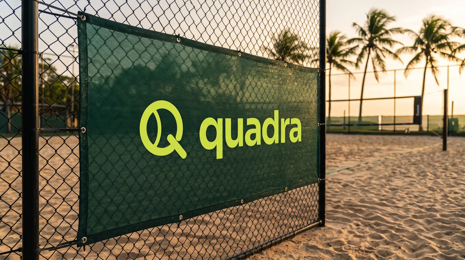 Green banner with the brand hung on the court fence