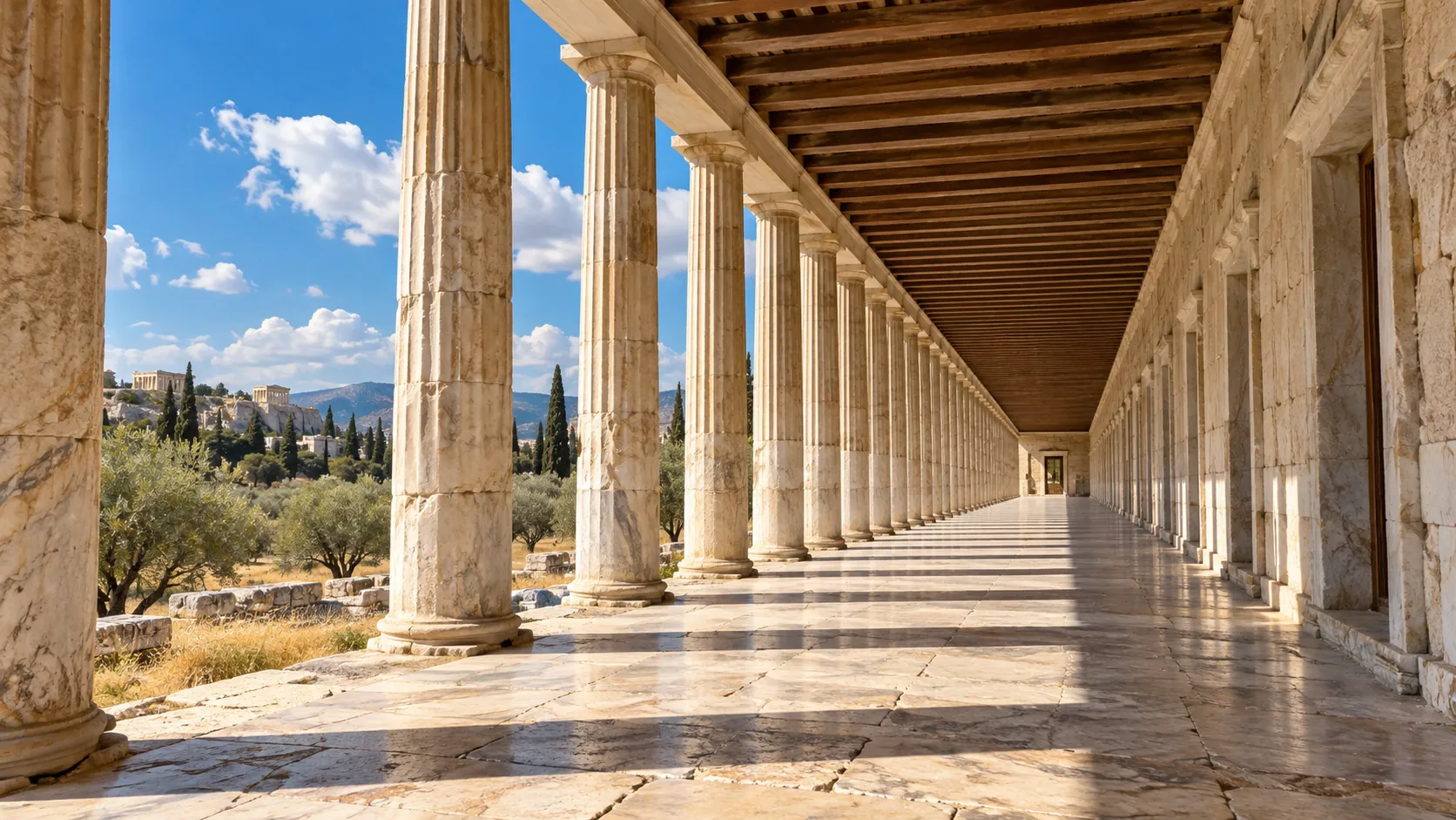 A long marble colonnade with columns casting shadows on the floor
