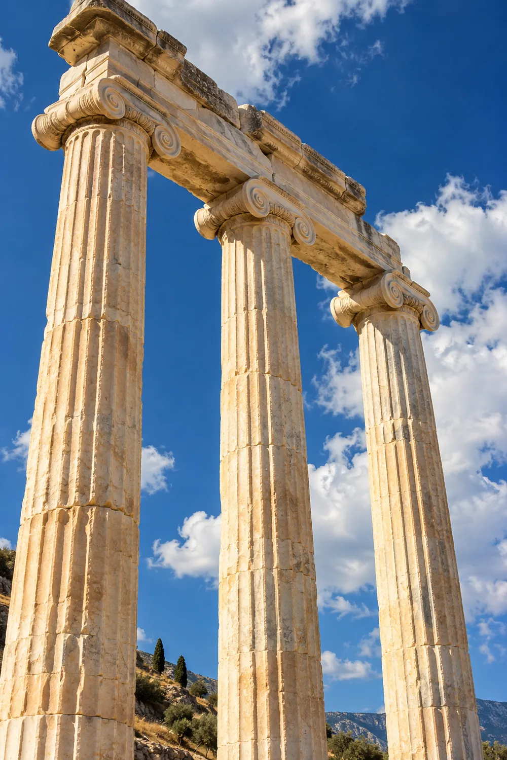 Marble columns against a bright sky