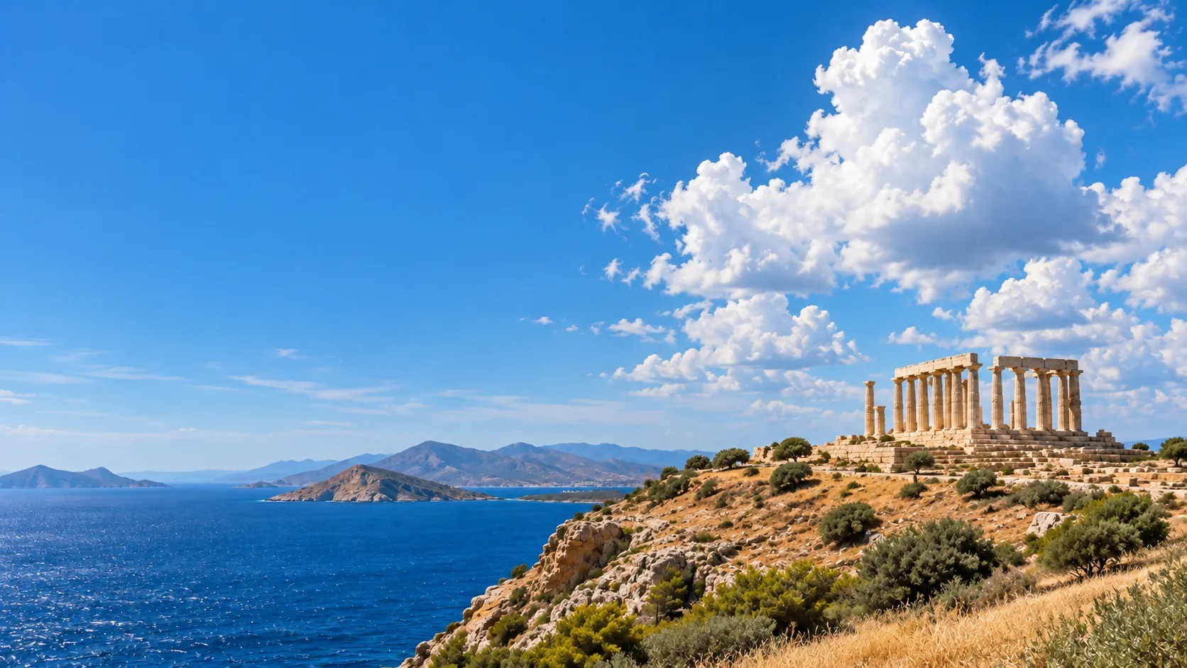 A ruined temple on a headland above the sea