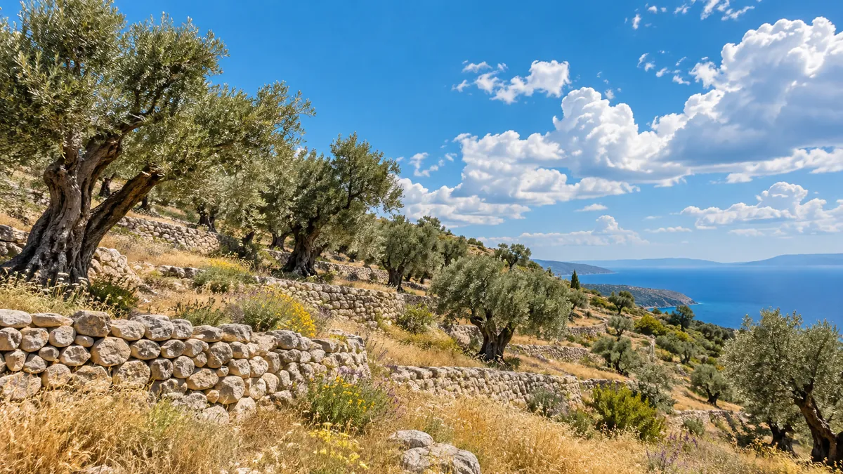 An olive grove on stone terraces under a bright sky