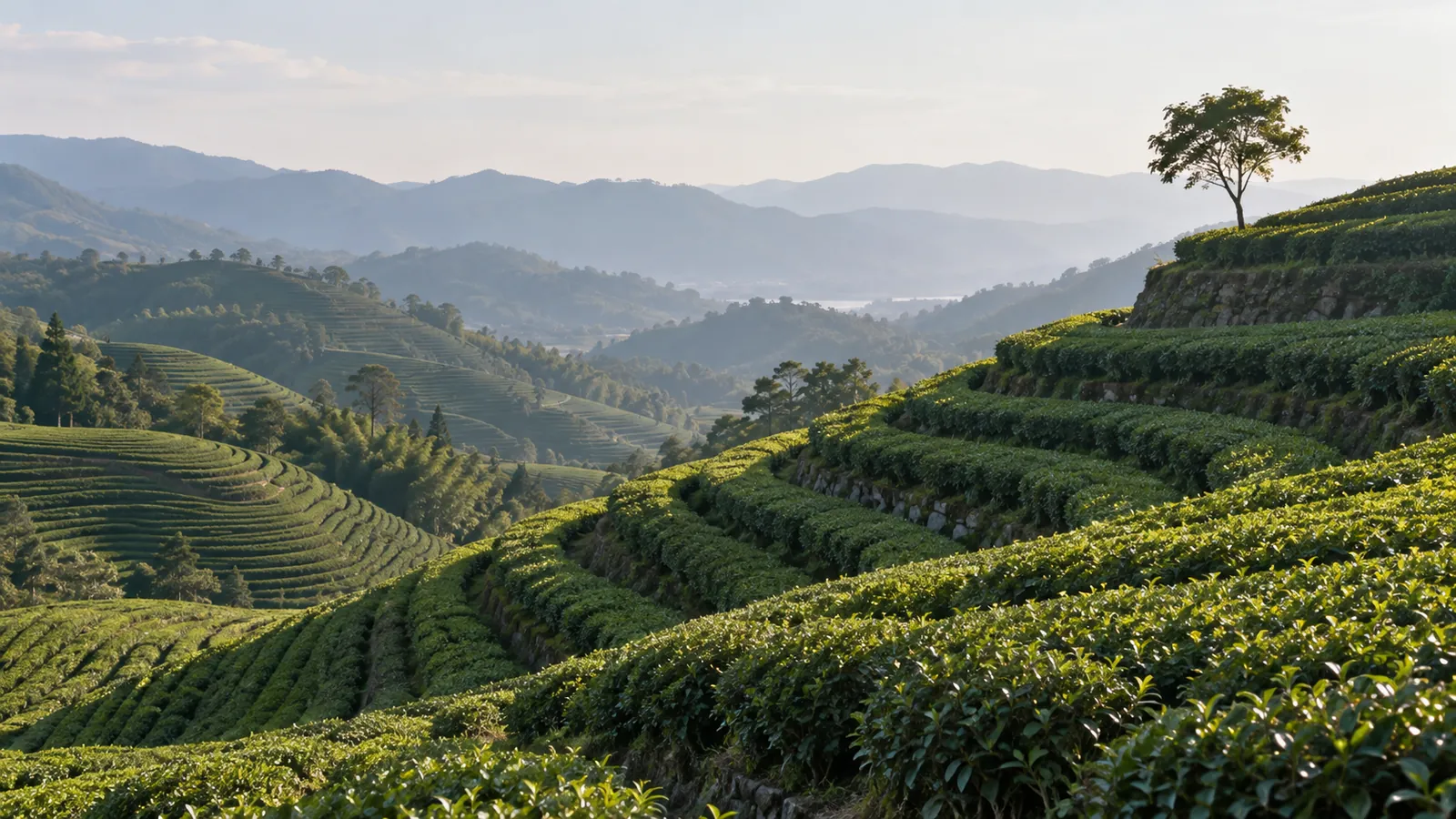 Tea terraces on rolling hills in low afternoon light