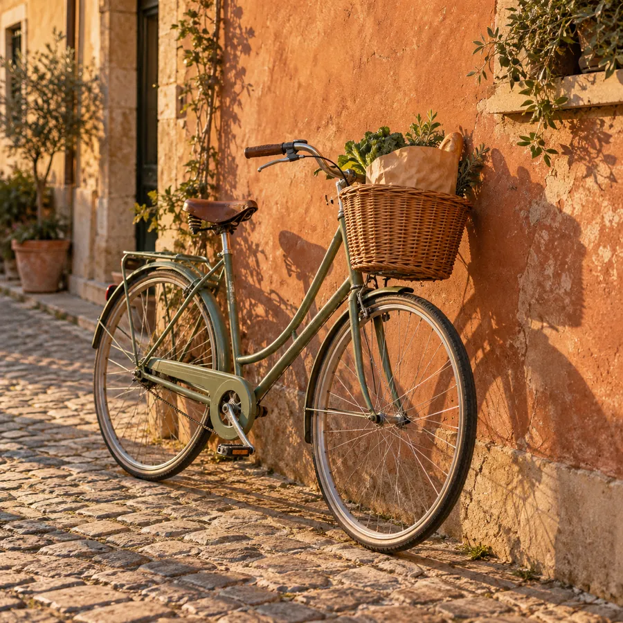 Sage commuter bike with a basket of groceries against a terracotta wall