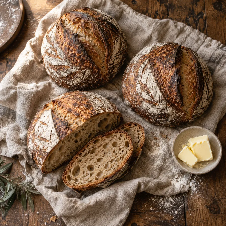 Sourdough loaves on crumpled linen, one cut open