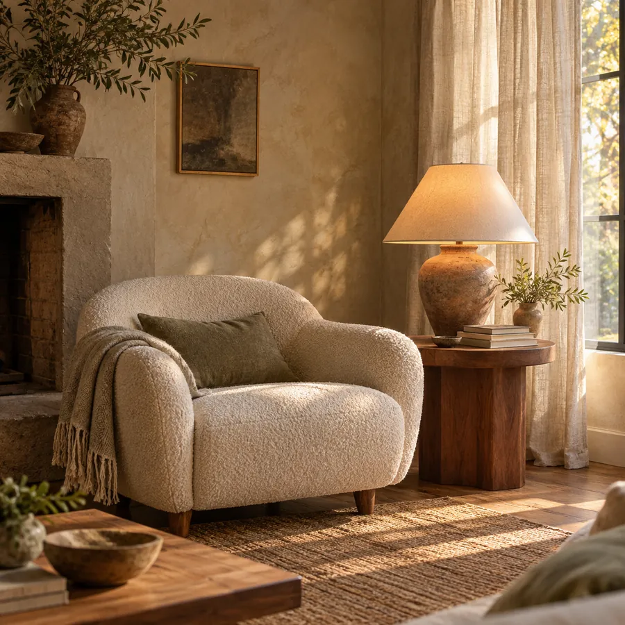 Cream armchair and ceramic lamp in a sunlit corner