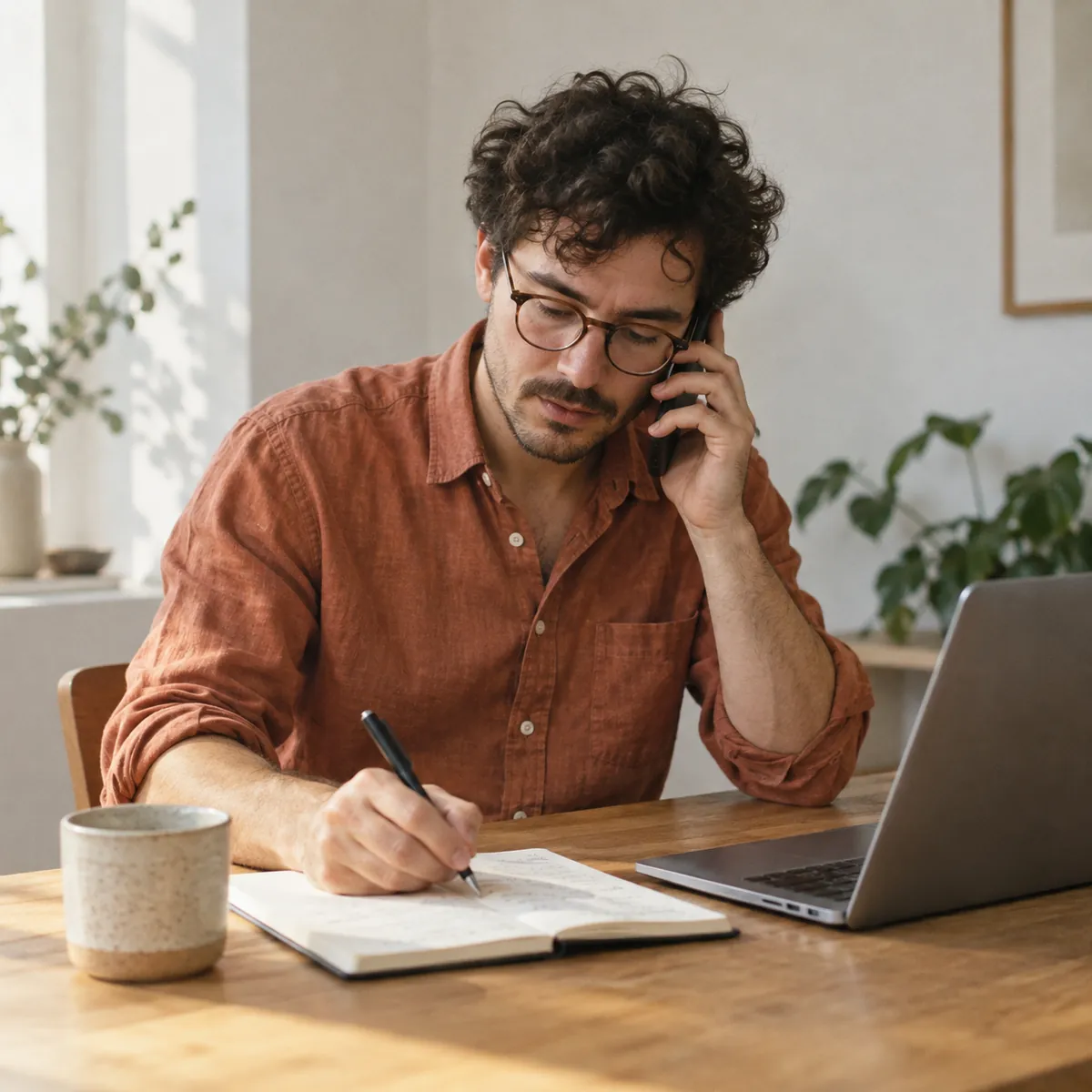 A Tonic strategist on a discovery call, taking notes beside his laptop
