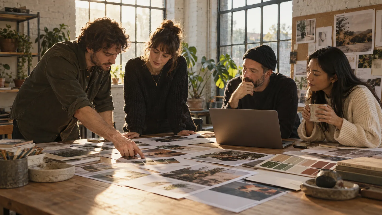 The Tonic team around a table of printed photo proofs in their Bristol studio