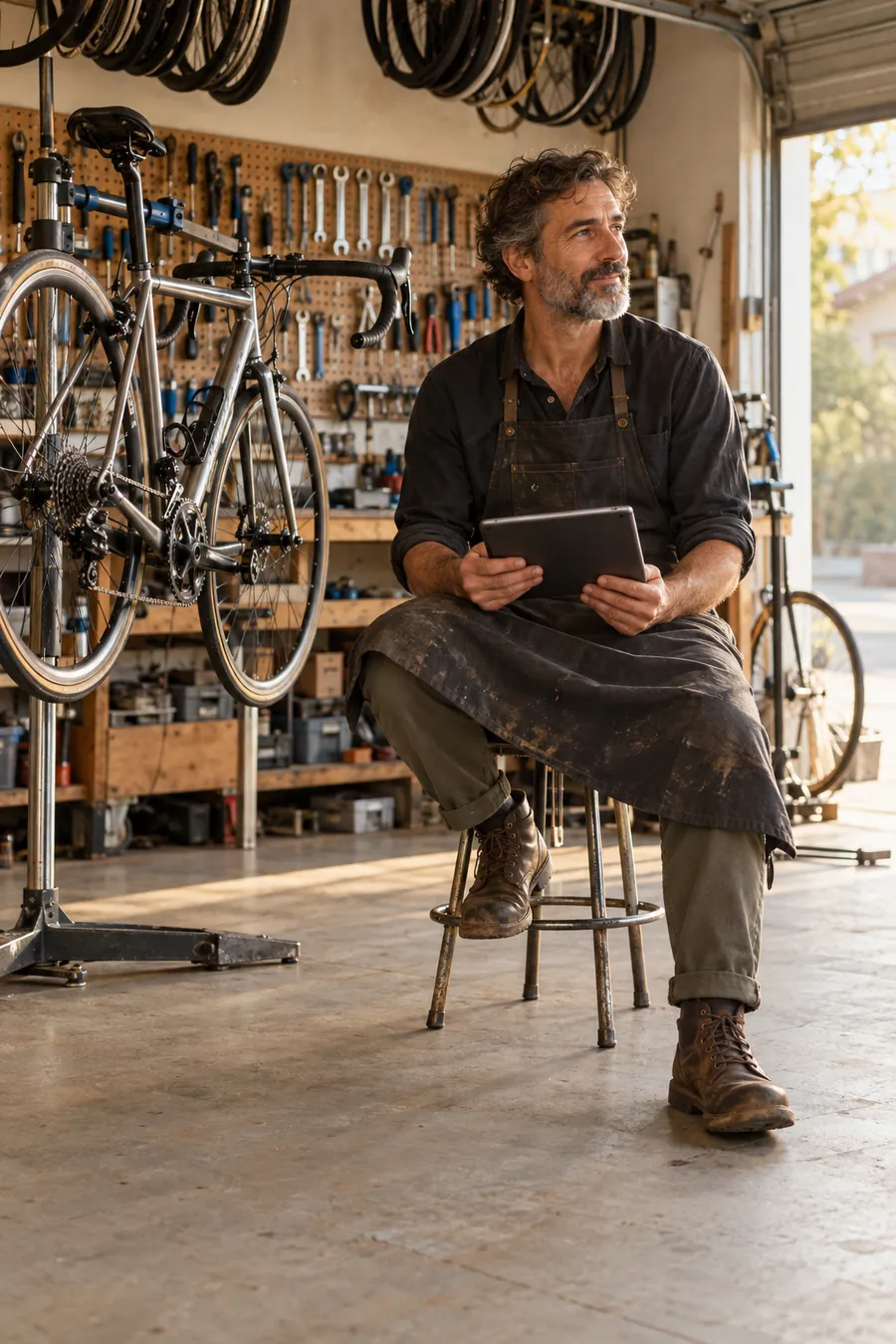 Dev Collins in his bike workshop with a tablet