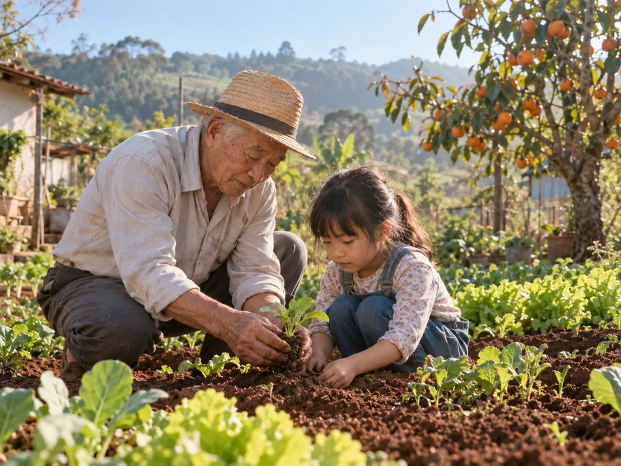 Japanese Brazilian grandfather showing a seedling to his granddaughter in a vegetable garden in Paraná