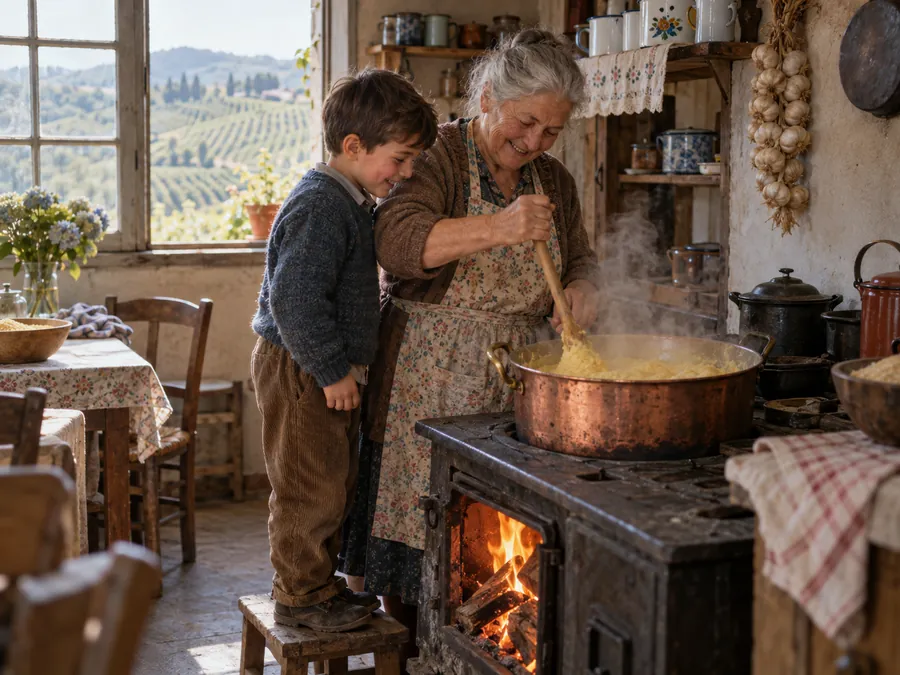 Nona and grandson stirring polenta on a wood stove in the Serra Gaúcha