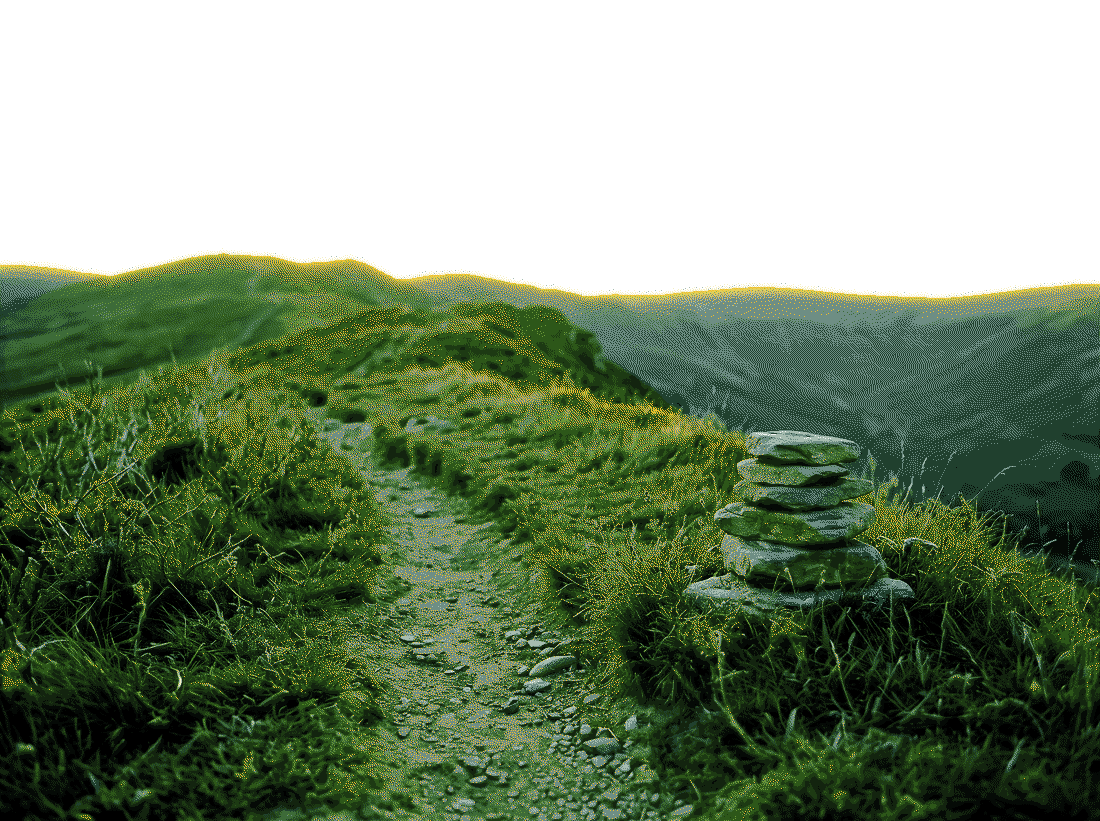 A pixel-dithered stone cairn beside a footpath on a grassy ridge, the far hills rimmed with gold.